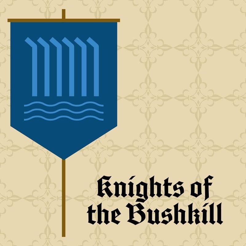 A medieval style banner of the falls with the text 'Knights of the Bushkill'